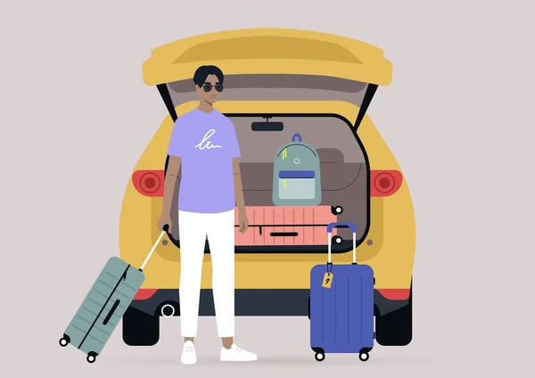 Eine Junge Männliche Asiatische Figur Die Koffer Den Kofferraum Packt — Stockvektor
