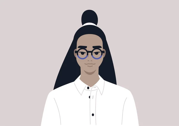 Joven Personaje Asiático Femenino Con Gafas Lujo Botón Blanco Arriba — Archivo Imágenes Vectoriales