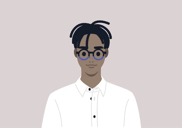 Молодой Мужчина Черный Персонаж Модных Очках Белой Рубашке Пуговицами Офисный — стоковый вектор
