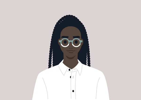 Young Female Black Character Wearing Fancy Eyeglasses White Button Shirt — Stock Vector