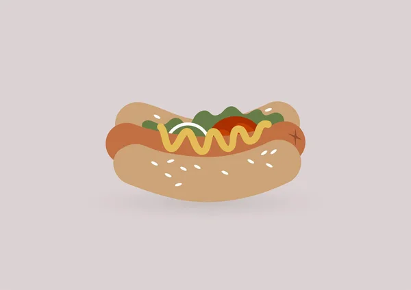 Perro Caliente Aislado Con Cebolla Ensalada Tomate Mostaza Semillas Sésamo — Vector de stock