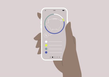 Üzerinde online bankacılık arayüzü olan bir cep telefonunu tutan bir el, dijital finans hizmeti