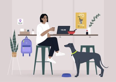 Köpek dostu bir kafede evcil hayvanıyla öğle yemeği yiyen serbest çalışan bir kadın. Bar tabureli bir tezgah.