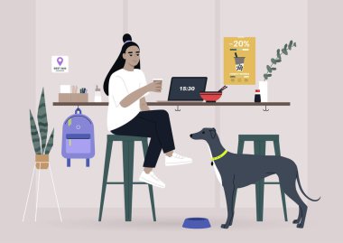Asyalı bir kadın evcil hayvanıyla köpek dostu bir kafede öğle yemeği yiyor. Bar tabureli bir tezgah.