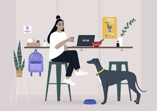Una Freelancer Asiática Almorzando Con Mascota Una Cafetería Apta Para — Archivo Imágenes Vectoriales