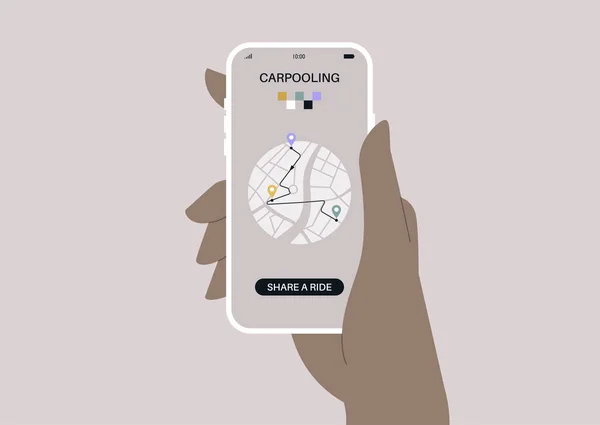 Samåkning Tjänst App Hand Som Håller Mobiltelefon Med Taxi Applikationsgränssnitt — Stock vektor