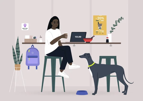 Una Freelancer Negra Almorzando Con Mascota Café Para Perros Mostrador — Archivo Imágenes Vectoriales