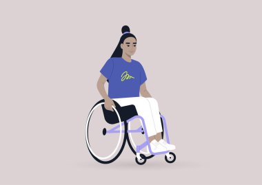 Tekerlekli sandalyedeki genç bir Asyalı kadın karakter, günlük hayata dahil.