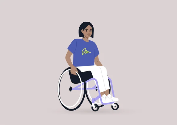 Tekerlekli Sandalyedeki Genç Bir Kadın Karakter Günlük Hayata Dahil — Stok Vektör