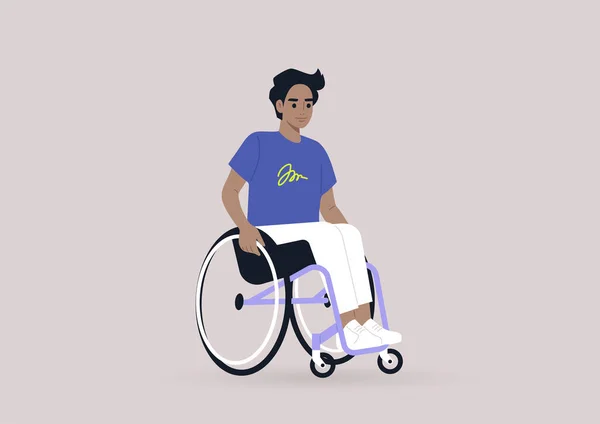 Tekerlekli Sandalyedeki Genç Bir Erkek Karakter Günlük Hayata Dahil — Stok Vektör