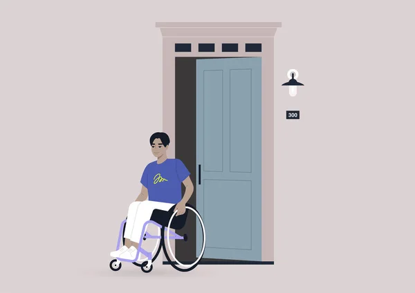 車椅子の若いアジア系男性が家を出て玄関のドアを開けて — ストックベクタ
