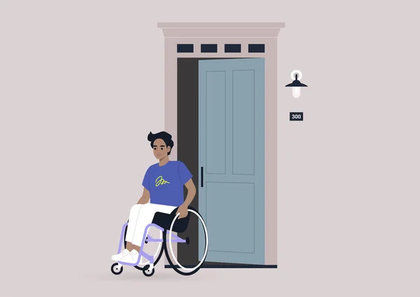 Jeune Personnage Masculin Fauteuil Roulant Quittant Leur Maison Porte Entrée — Image vectorielle