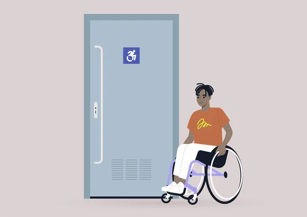 Młody Mężczyzna Czarny Postać Wózku Inwalidzkim Obok Dostępnych Drzwi Toaletowych — Wektor stockowy
