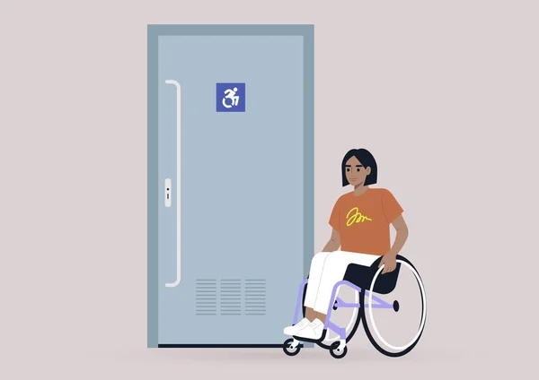 Junge Weibliche Figur Rollstuhl Neben Einer Barrierefreien Toilettentür Inklusion Alltag — Stockvektor
