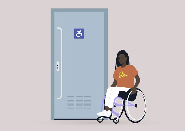 수있는 화장실 휠체어에 여성의 생활에서 포괄적 — 스톡 벡터