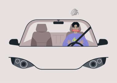 Kızgın bir Asyalı erkek sürücü arabalarının ön camında korna çalıp küfrediyor.