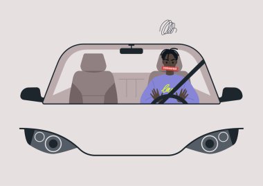 Kızgın bir siyah erkek sürücü arabalarında korna çalıyor ve küfrediyor, ön cam manzaralı.