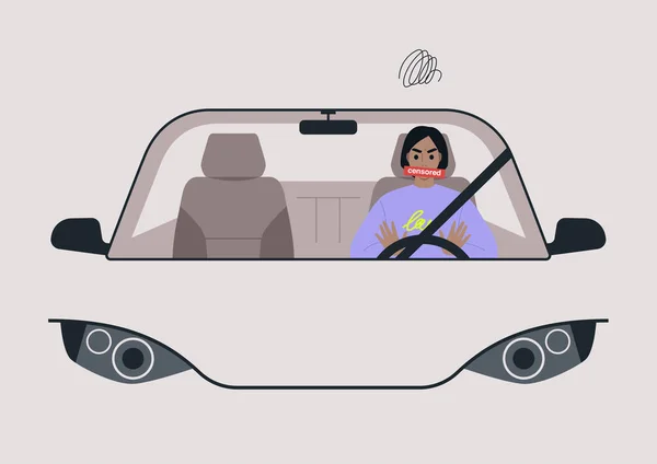Μια Θυμωμένη Γυναίκα Οδηγός Κορνάρουν Και Βρίζουν Στο Αυτοκίνητό Τους — Διανυσματικό Αρχείο