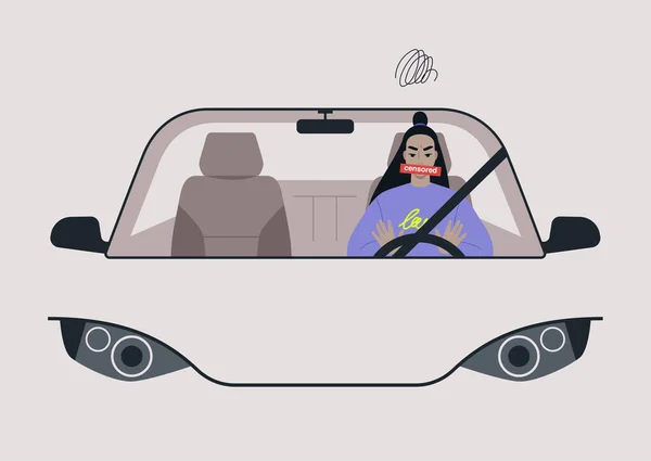 Femeie Furioasă Șofer Asiatic Claxonează Înjură Mașina Lor Vedere Din — Vector de stoc