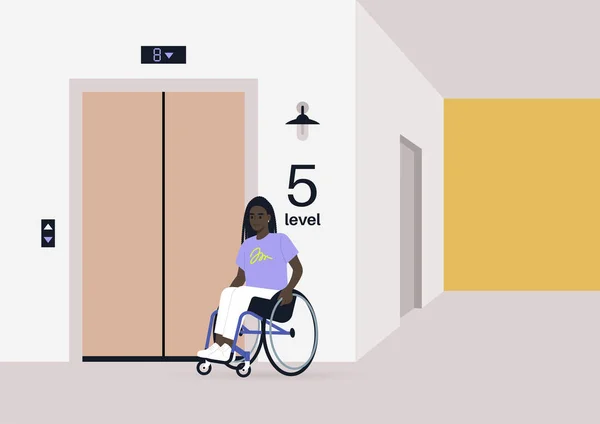 Młoda Kobieta Black Postać Wózku Inwalidzkim Czeka Windę Włączenie Codziennym — Wektor stockowy