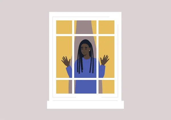 Coronavirus Lockdown Joven Personaje Femenino Negro Aislado Casa Vista Exterior — Archivo Imágenes Vectoriales