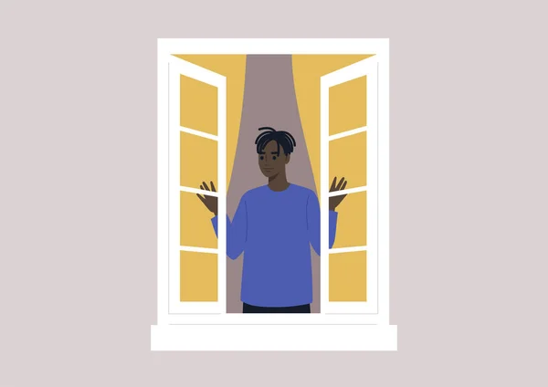 Ein Junger Männlicher Schwarzer Charakter Der Das Fenster Öffnet Morgendliche — Stockvektor