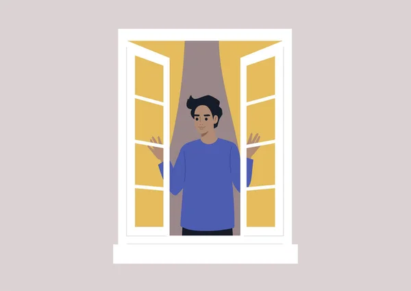 Jeune Personnage Masculin Ouvrant Fenêtre Rituels Matinaux Style Vie Quotidien — Image vectorielle