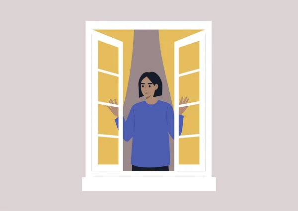 Joven Personaje Femenino Abriendo Ventana Rituales Matutinos Estilo Vida Diario — Vector de stock