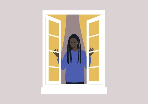 Молодая Женщина Черный Персонаж Открывает Окно Утренние Ритуалы Повседневный Образ — стоковый вектор