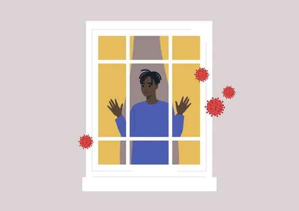 一个年轻的黑人男性角色呆在家里 因为它被封锁了 一个隔离的概念 — 图库矢量图片