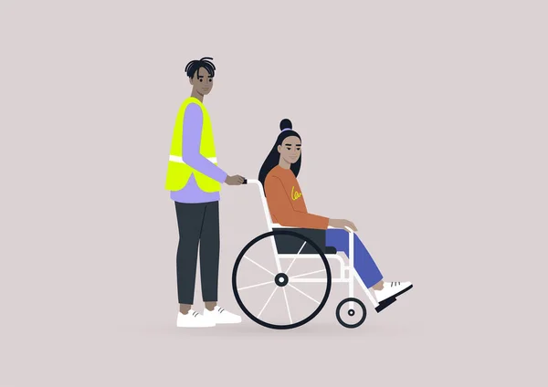 机场工作人员协助坐轮椅的乘客 在日常生活中兼容并包 — 图库矢量图片