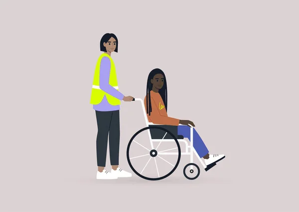 Pracownik Lotniska Asystujący Pasażerowi Wózku Inwalidzkim Sprzyjający Włączeniu Społecznemu Codziennym — Wektor stockowy