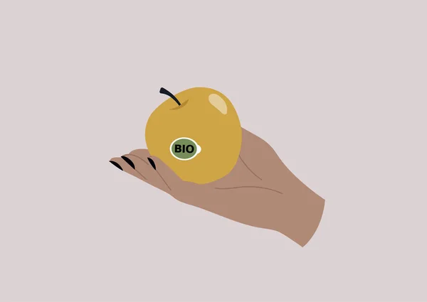 Una Mano Sosteniendo Una Manzana Amarilla Con Una Etiqueta Biográfica — Archivo Imágenes Vectoriales