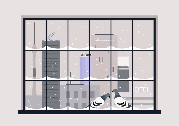 Winterliches Stadtpanorama Zwei Tauben Auf Dem Fenstersims Heiligabend — Stockvektor