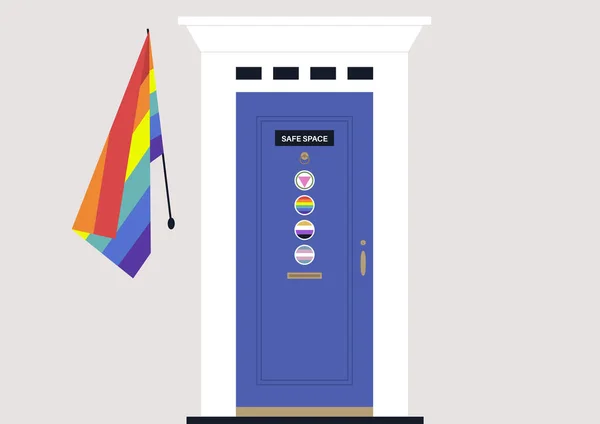 Lgbtq Espaço Seguro Amigável Uma Porta Com Adesivos Coloridos Suporte —  Vetores de Stock