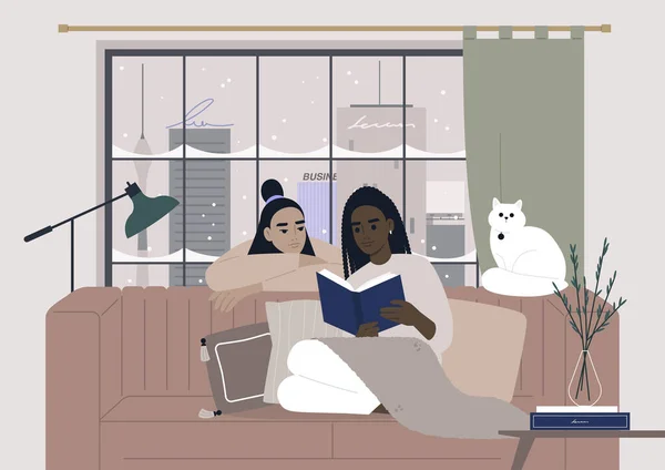 Gemütliche Winterausstattung Ein Lesbisches Paar Liest Zusammen Ein Buch Weihnachtsferien — Stockvektor
