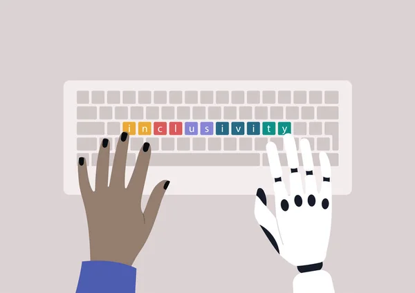 Inclusivity Concept Person Technological Hand Prosthesis Typing Keyboard — Stock Vector