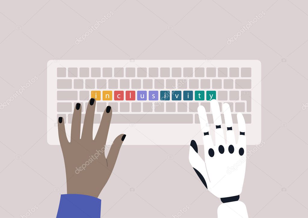 Inclusivity concept, a person with a technological hand prosthesis typing on a keyboard