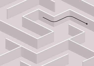 Doğru yönü gösteren bir okla izometrik bir labirent, insanların olmadığı bir grafik şablon, stratejik düşünme ve sorun çözme, iş konsepti