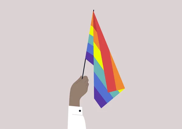 Gökkuşağı Bayrağı Tutan Bir Lgbtq Hakları Homoseksüel Toplum — Stok Vektör