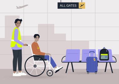 Havaalanı çalışanı tekerlekli sandalyedeki bir yolcuya yardım ediyor. Kapıya transfer oluyor. 