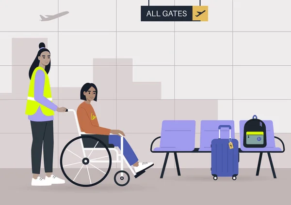 Mitarbeiter Des Flughafens Der Einem Passagier Rollstuhl Beim Umsteigen Zum — Stockvektor