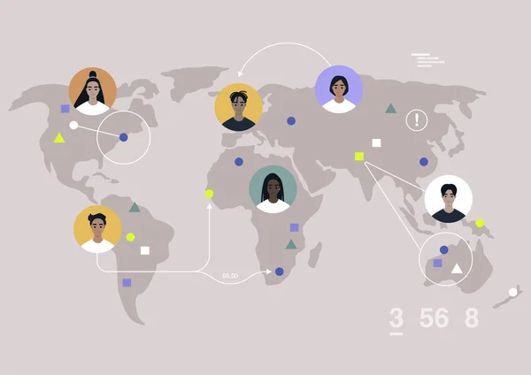 Uma Comunidade Global Avatares Usuários Mapa Mundo Links Entre Eles — Vetor de Stock