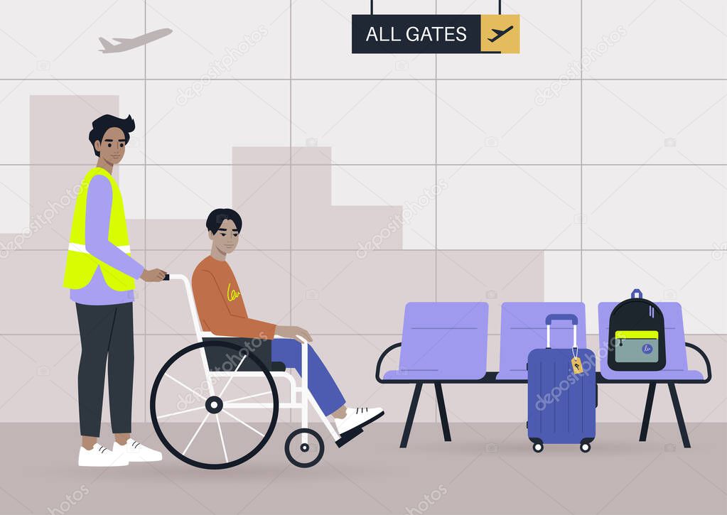 The airport staff member assisting a passenger on a wheelchair, transferring to the gate, inclusion and accessibility 