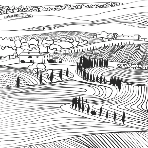 Noir et blanc dessiné à la main Toscane campagne — Image vectorielle