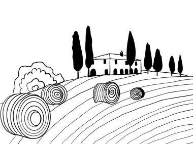 Siyah beyaz Toscana kırsal manzarası