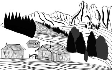 Siyah beyaz el dağ yamacını çizdi.