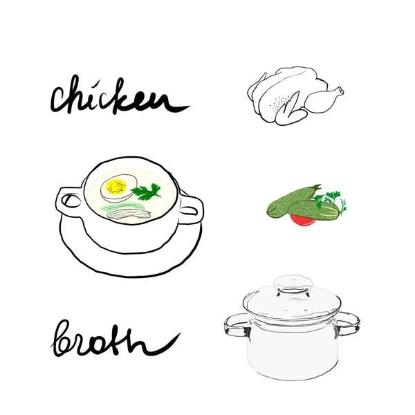 Mísa s kuřecí polévkou vektor a ručně kreslený text — Stockový vektor