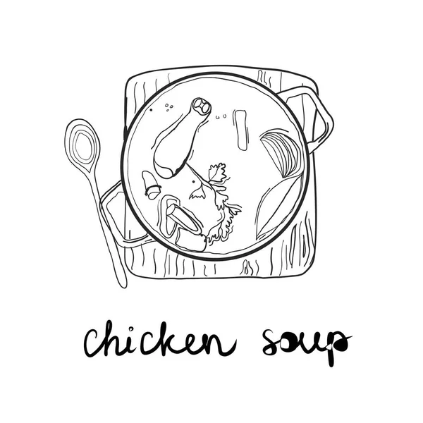 Olla de cocción con ilustración de vector de sopa de pollo — Vector de stock