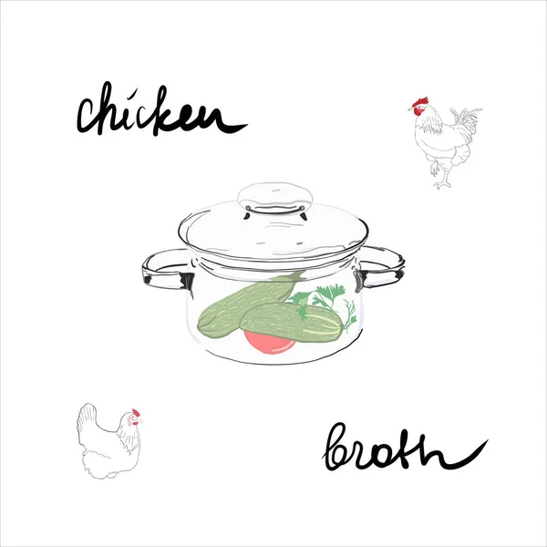 Olla de cocción con ilustración de vector de sopa de pollo — Vector de stock